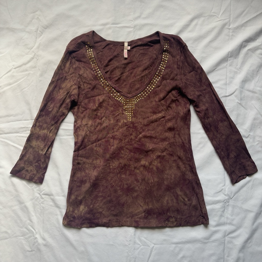 Y2K Me & Ko Tie Dye Ribbed Rhinestone Fairy Grunge 3/4 Sleeve Top Size XL
